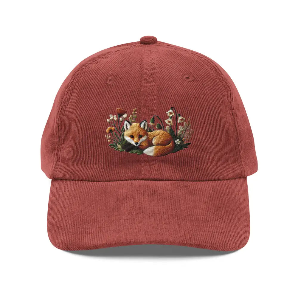 Rust-colored vintage corduroy cap with baby fox embroidered design