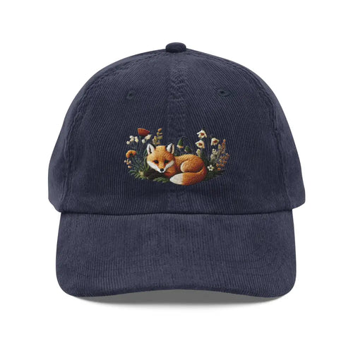 Navy blue vintage corduroy cap with baby fox embroidered design