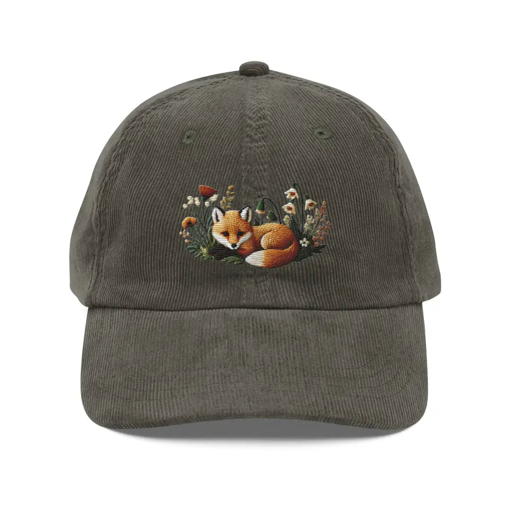 Baby fox embroidered vintage corduroy cap with wildflowers