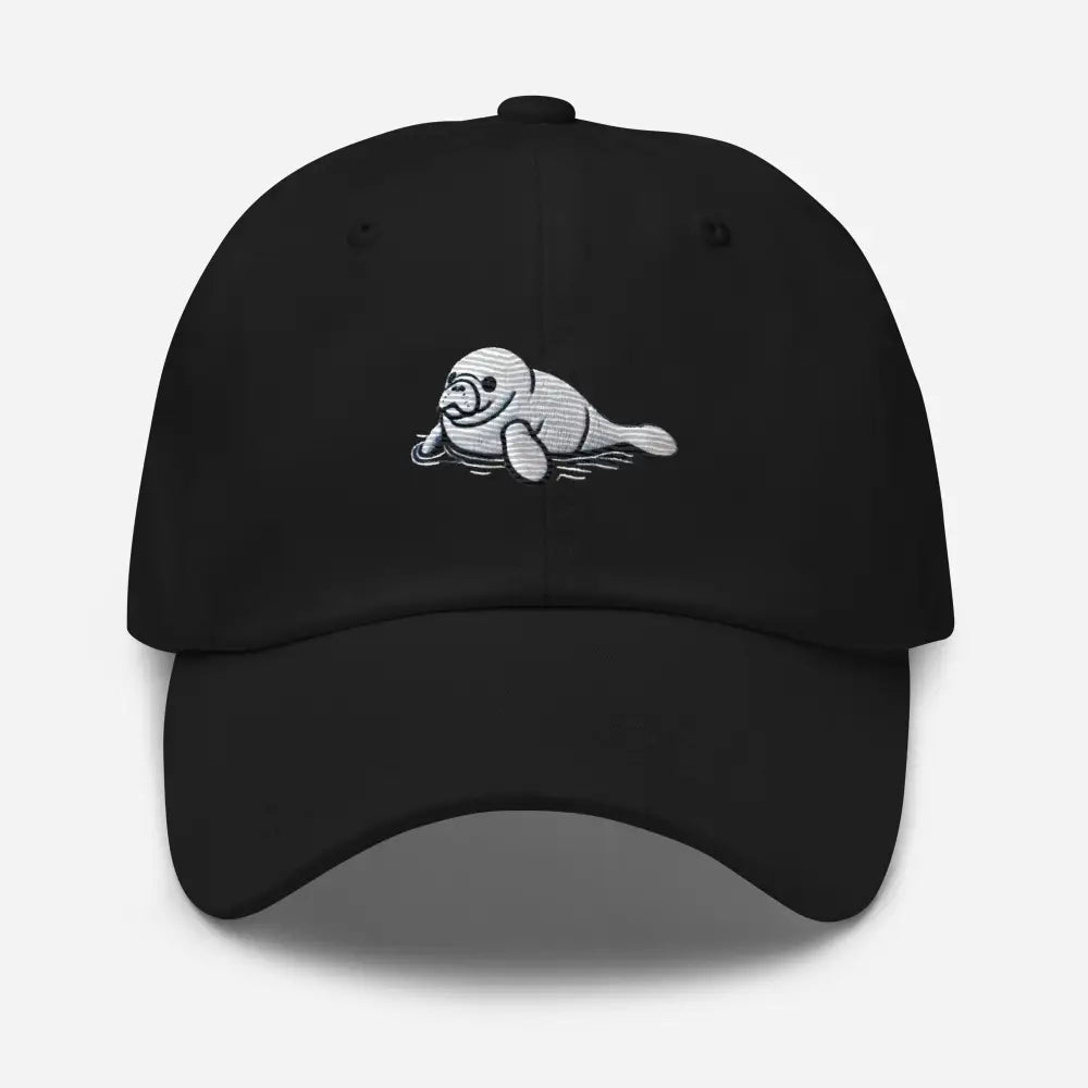 Baby manatee embroidered black baseball cap with sea lion