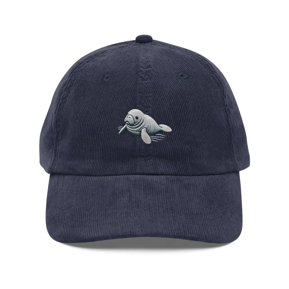 Navy blue baby manatee embroidered Trini Skies corduroy cap