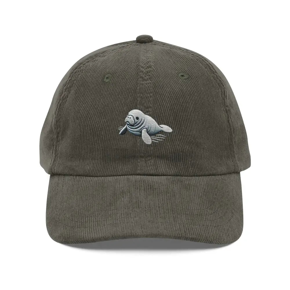 Baby manatee embroidered olive green corduroy cap by Trini Skies