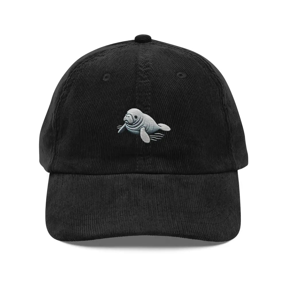 Baby manatee embroidered black corduroy cap by Trini Skies