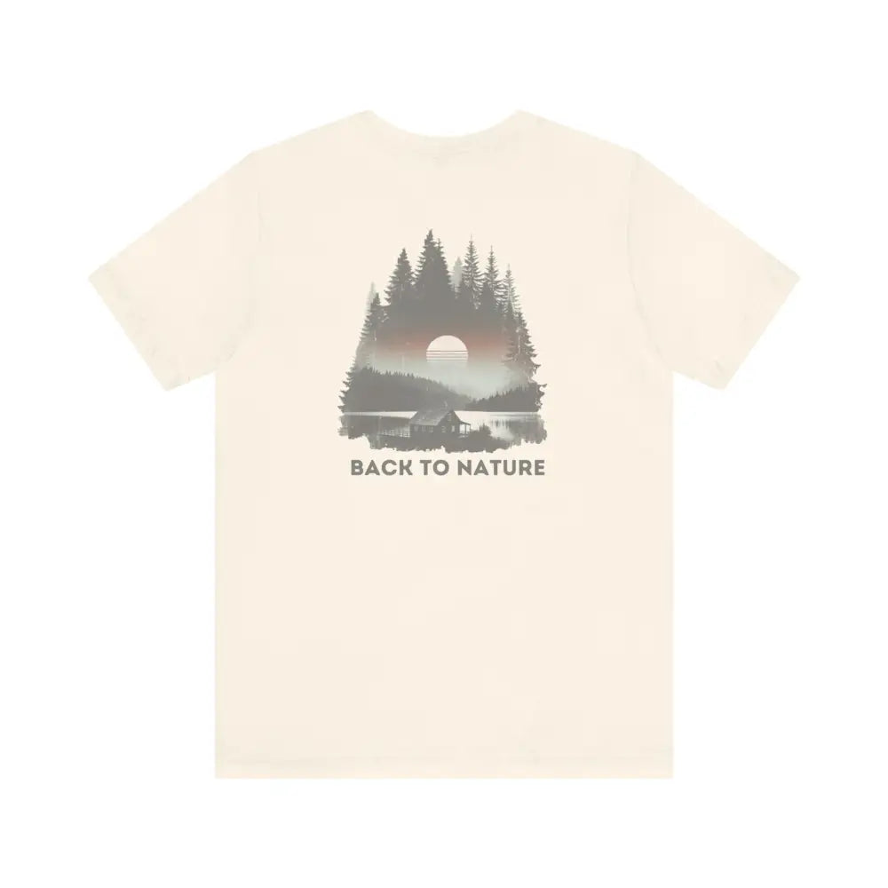 Cream-colored short-sleeved t-shirt with nature graphic to experience tranquility