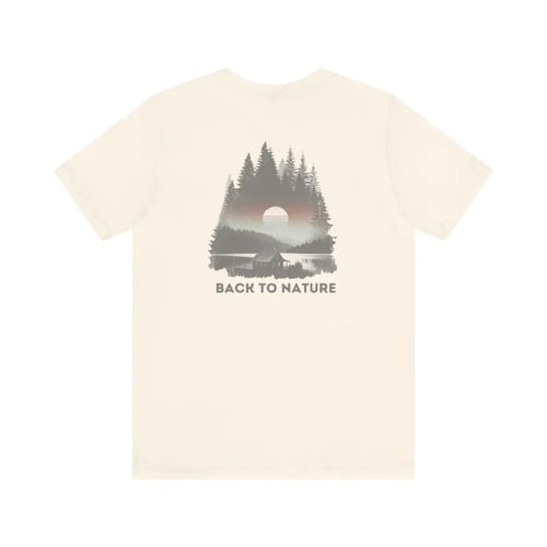 Cream-colored short-sleeved t-shirt with nature graphic to experience tranquility