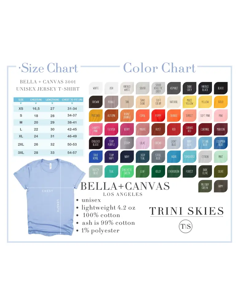 Badger Scout T-Shirt size and color chart for Bella + Canvas 3001