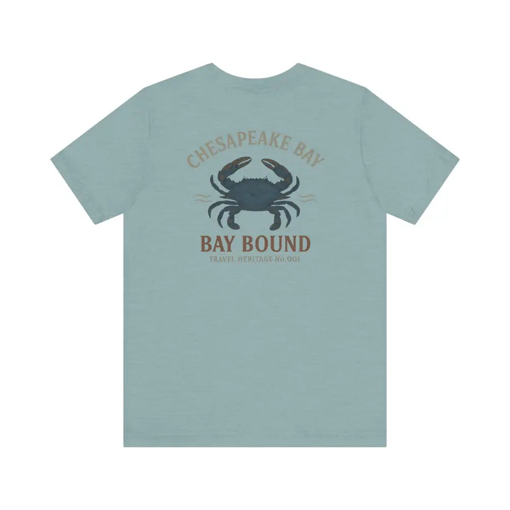 Bay Bound blue crab graphic on light blue Chesapeake Bay shirt