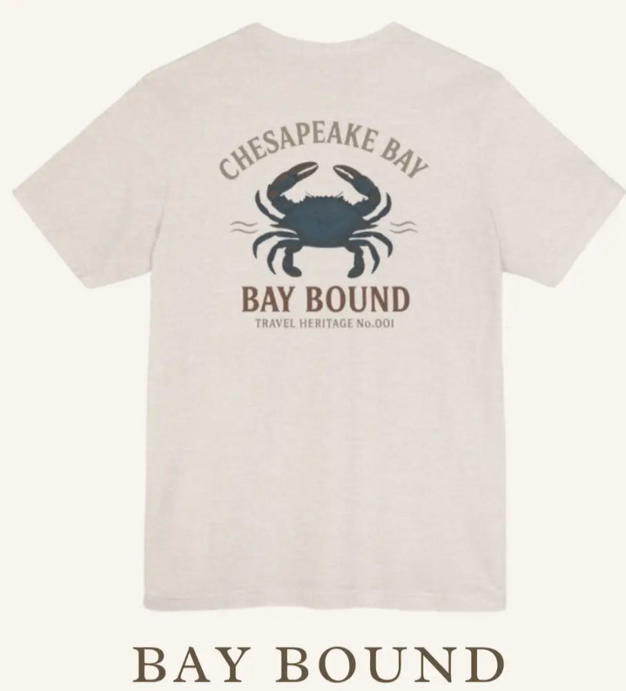 Bay Bound blue crab graphic on Chesapeake Bay shirt