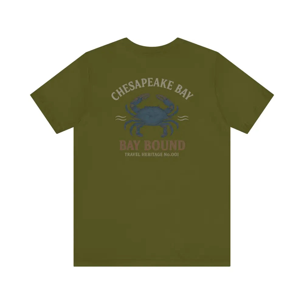 Bay Bound blue crab graphic on olive green Chesapeake Bay shirt