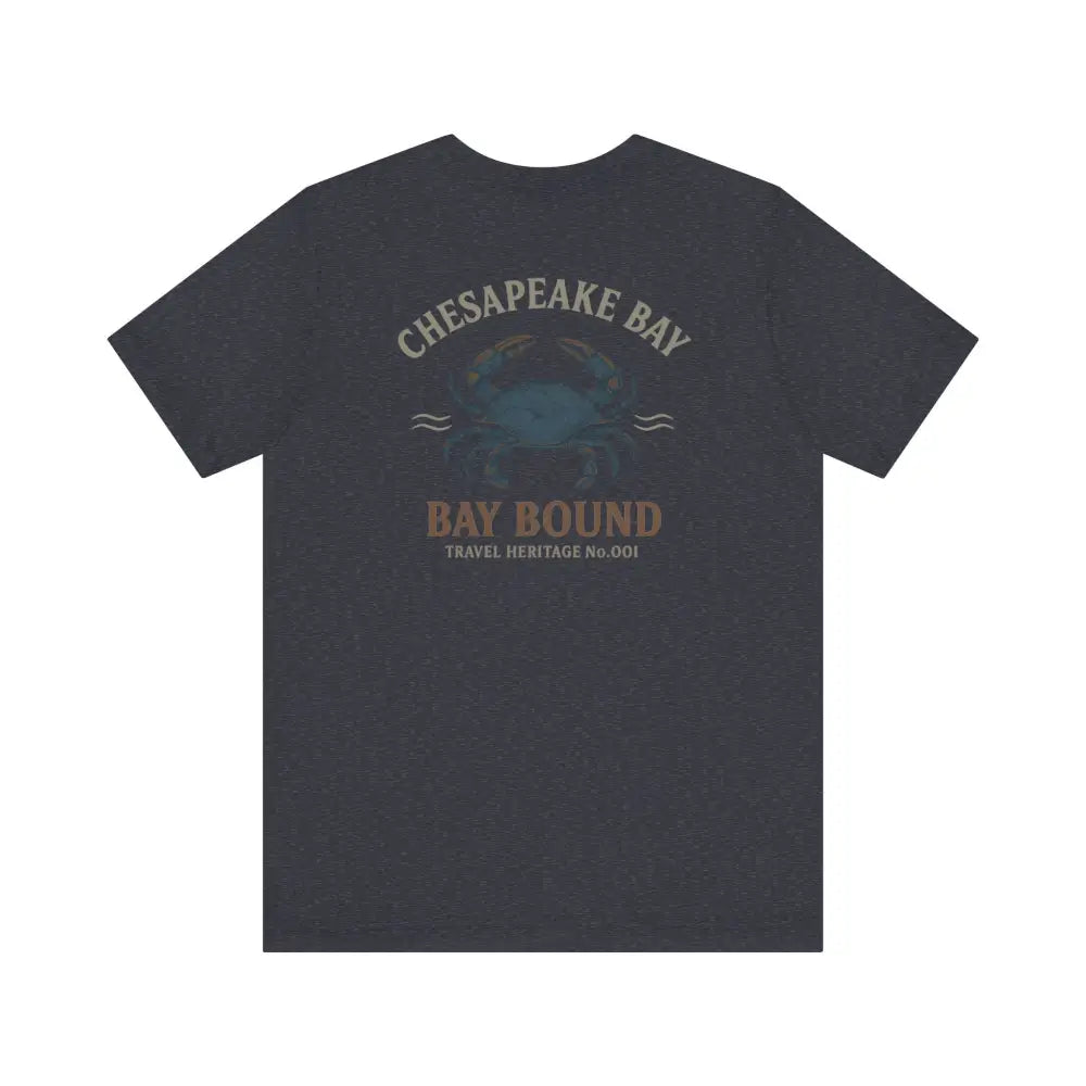 Bay Bound blue crab graphic on dark gray Chesapeake Bay shirt
