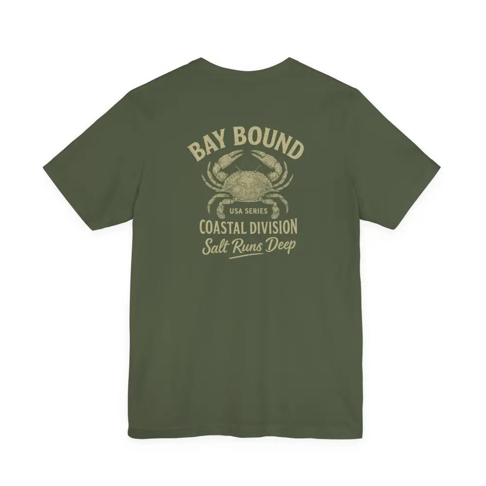 Olive green Bay Bound Coastal T-shirt with crab graphic and text on the back