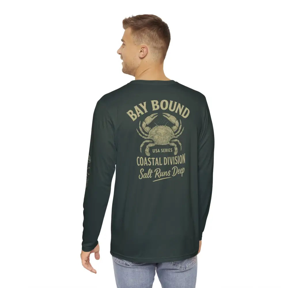 Bay Bound embroidered long sleeve fishing shirt with crab graphic