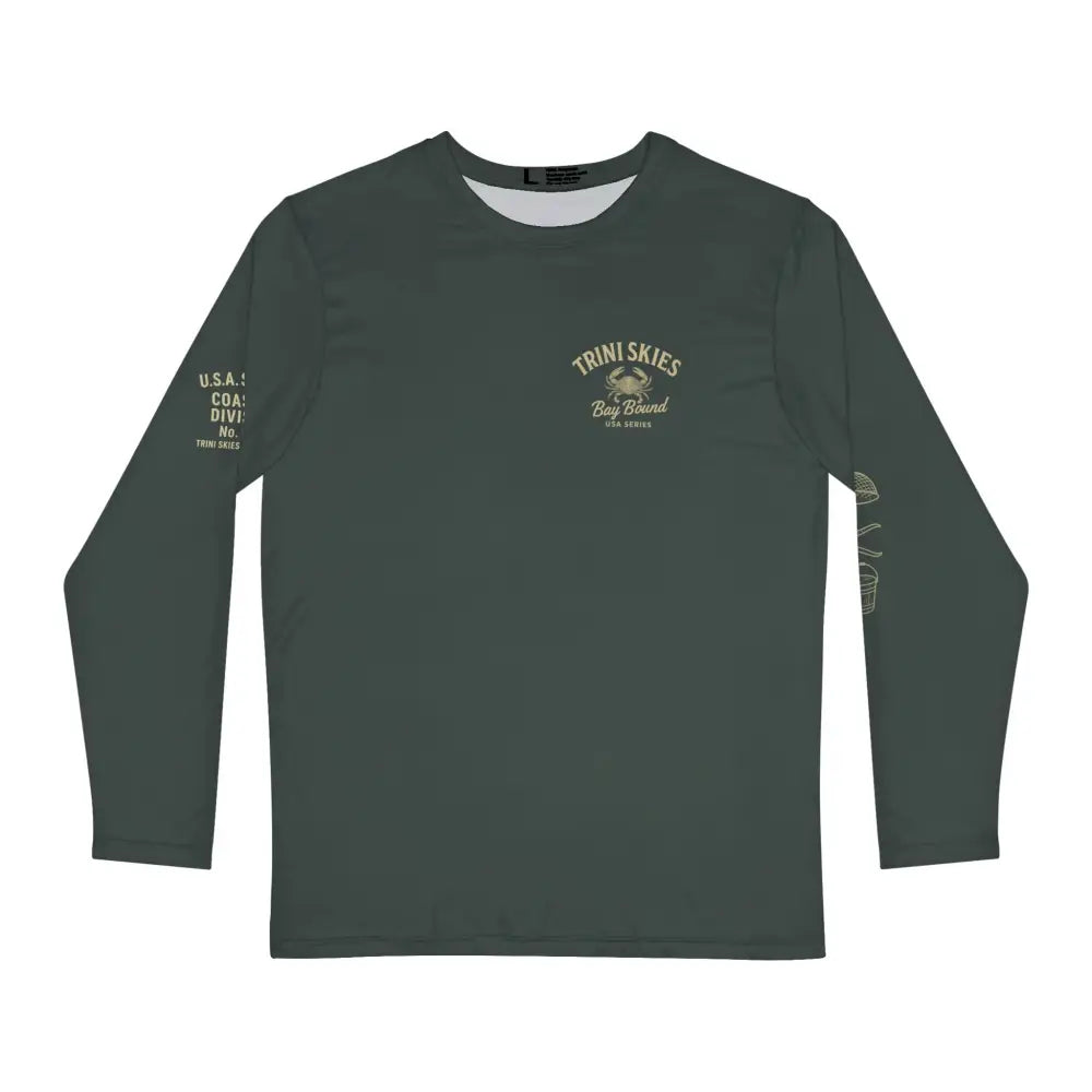 Bay Bound crab graphic long sleeve fishing shirt with Trini Skies branding