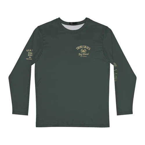 Bay Bound crab graphic long sleeve fishing shirt with Trini Skies branding
