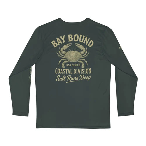 Bay Bound long sleeve fishing shirt with crab graphic
