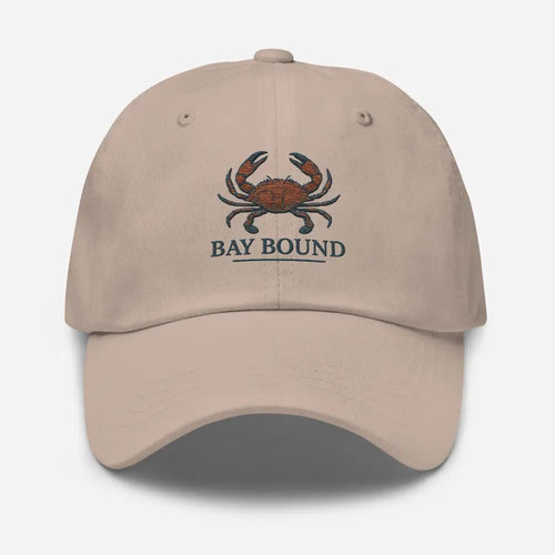 Bay Bound embroidered cotton twill dad hat with crab motif by Trini Skies USA