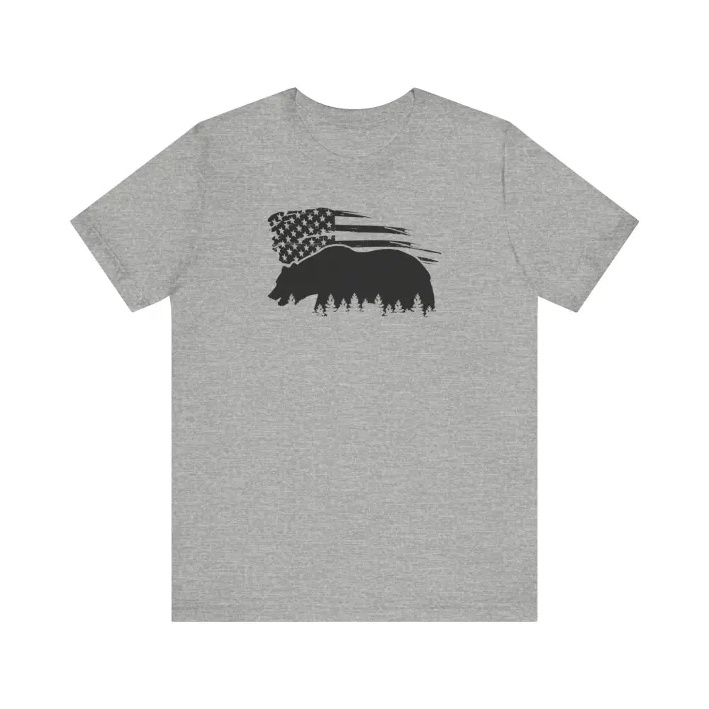 Gray T-Shirt with Distressed American Flag and Iconic Bear Silhouette