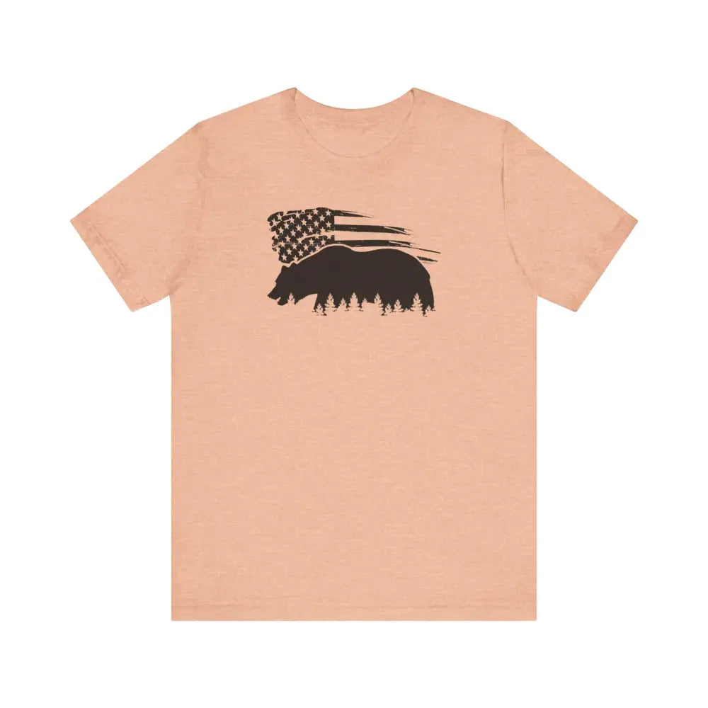 Peach t-shirt with iconic bear silhouette and American flag graphic