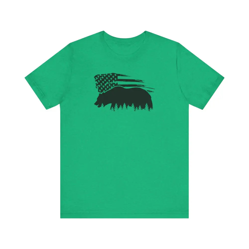 Green crew-neck tee with iconic bear silhouette and American flag graphic