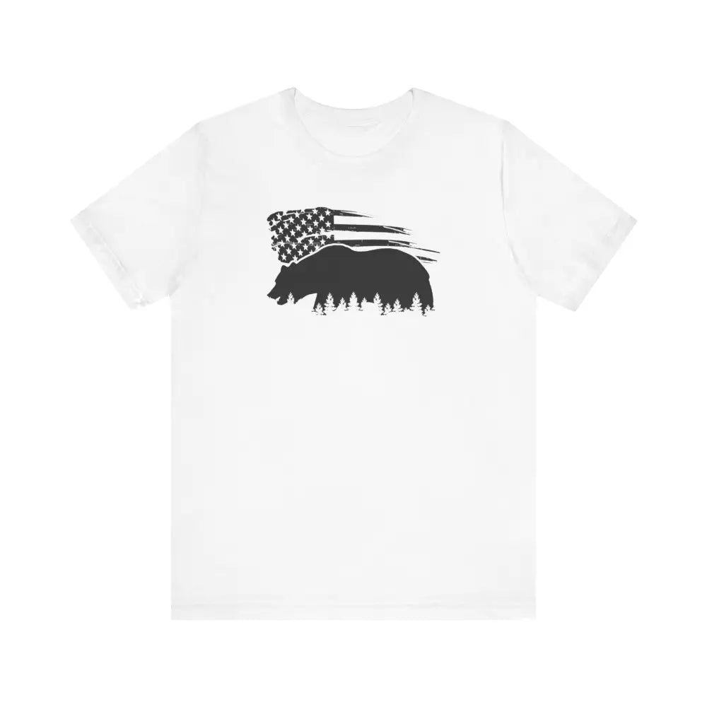 White t-shirt with iconic bear silhouette and distressed American flag graphic