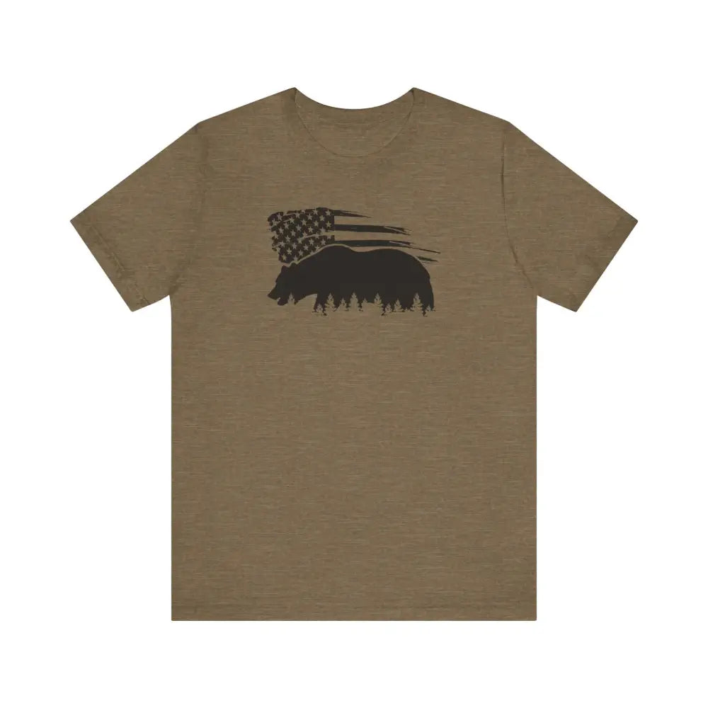 Olive green tee with iconic bear silhouette and American flag graphic