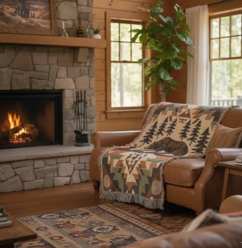 Rustic woodland tapestry throw with southwestern bear on brown leather armchair