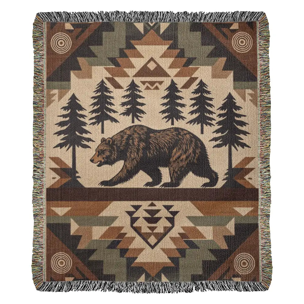 Rustic woodland tapestry throw with woven brown bear pattern and fringe