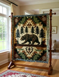 Rustic woodland tapestry throw with central brown bear among pines