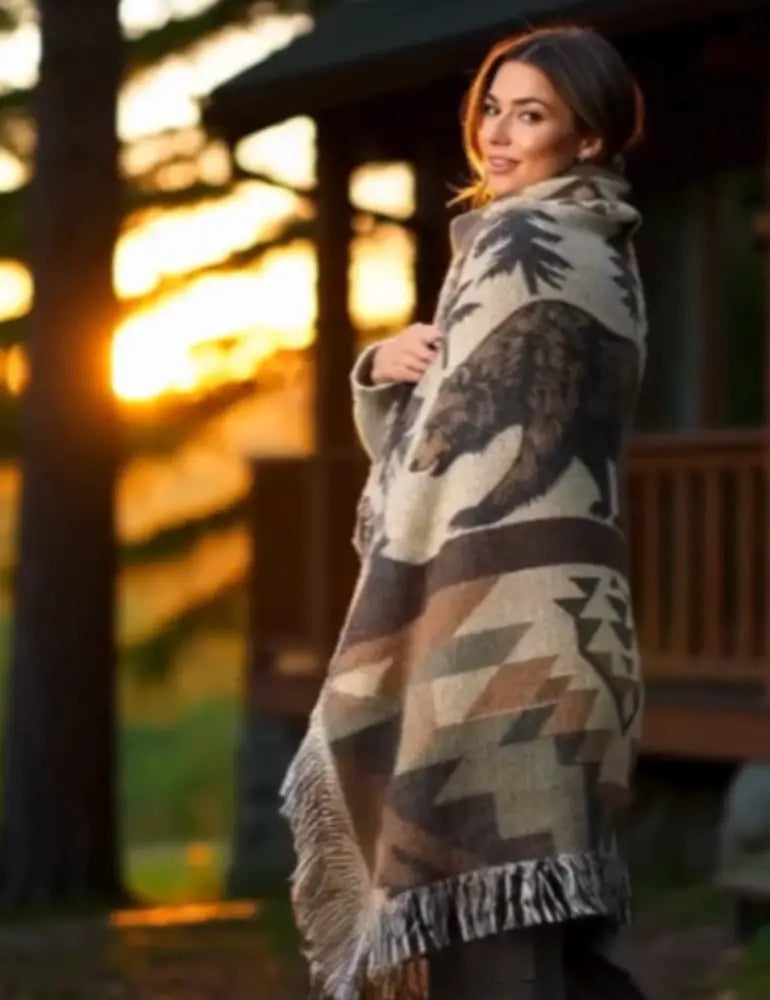 Cozy cream woolen rustic woodland tapestry throw with southwestern bear design