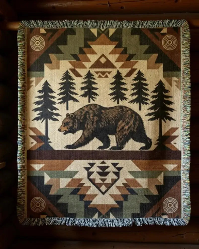 Rustic woodland tapestry throw with southwestern bear in forest
