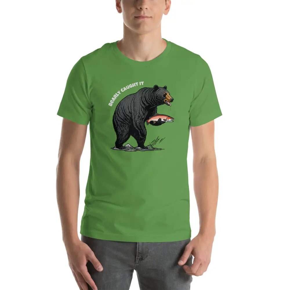 Green black bear fishing t-shirt with graphic and text Bearly Caught It, Trini Skies style