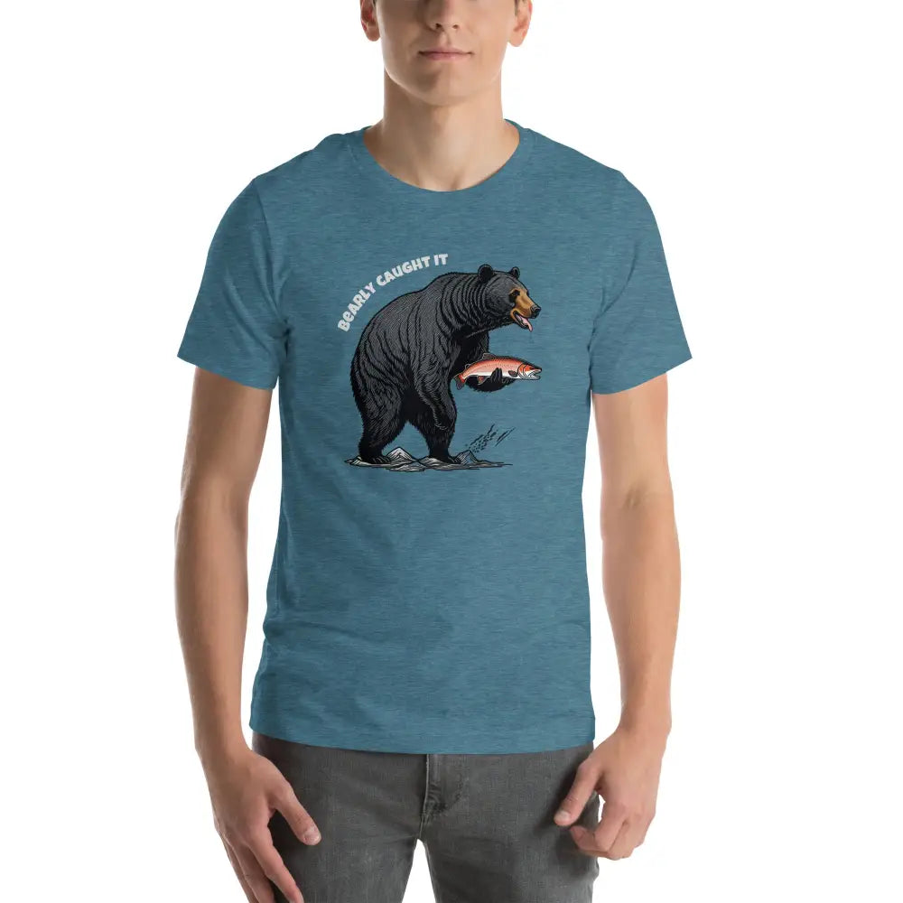 Man in black bear fishing t-shirt holding fish graphic tee