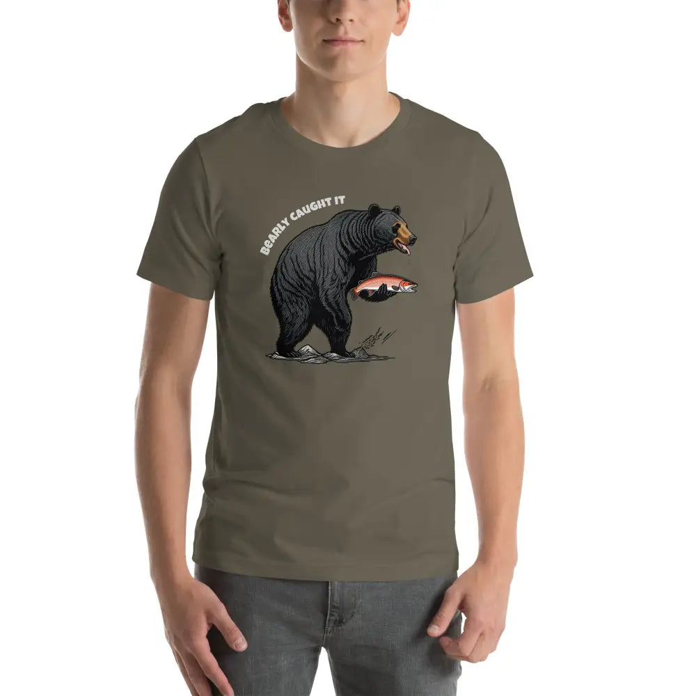 Black bear fishing t-shirt with olive green tee and salmon graphic