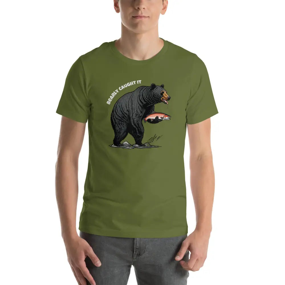 Olive green black bear fishing t-shirt with graphic and Bearly Caught it text, Trini Skies