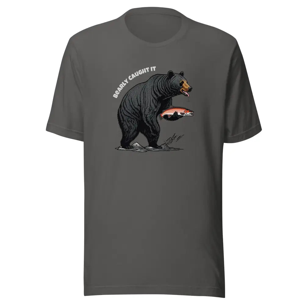 Dark gray black bear fishing t-shirt with graphic and text Bearly Caught It, Trini Skies style