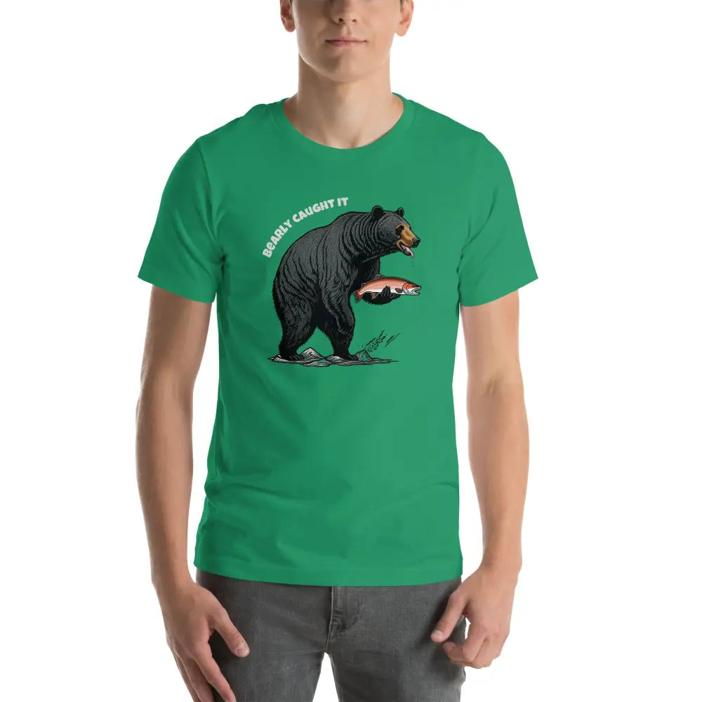 Green short-sleeve black bear fishing t-shirt with bear and fish graphic