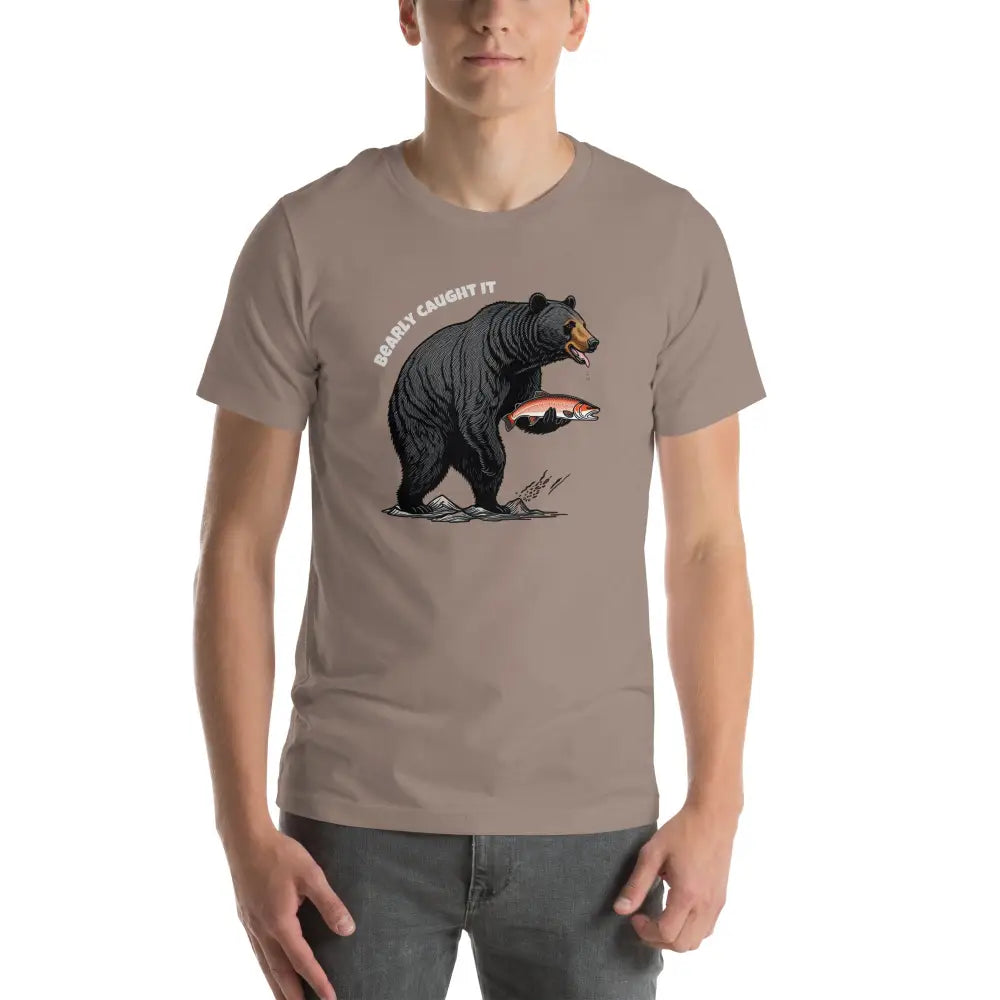 Black Bear Fishing T-Shirt with graphic of a black bear holding a fish, perfect for wildlife lovers