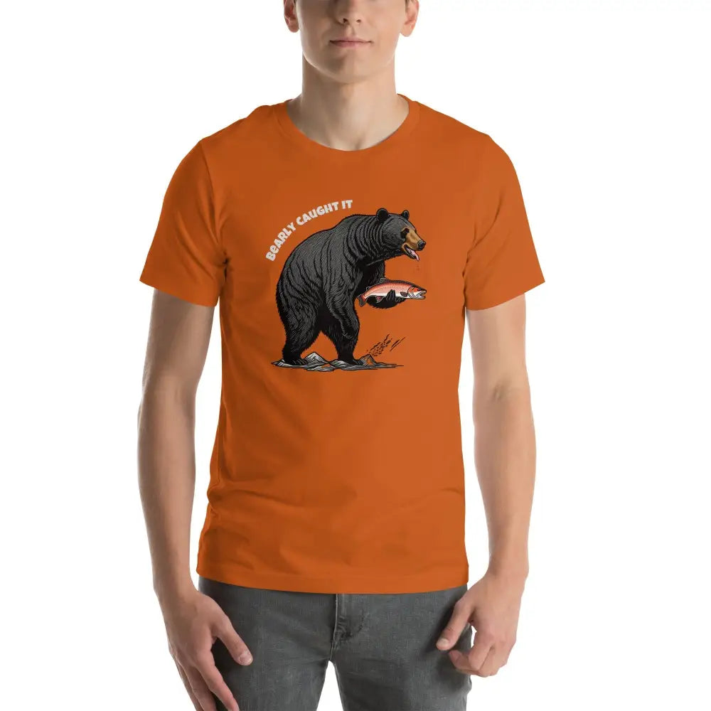 Black bear fishing t-shirt with bear holding fish and BEARLY CAUGHT IT graphic