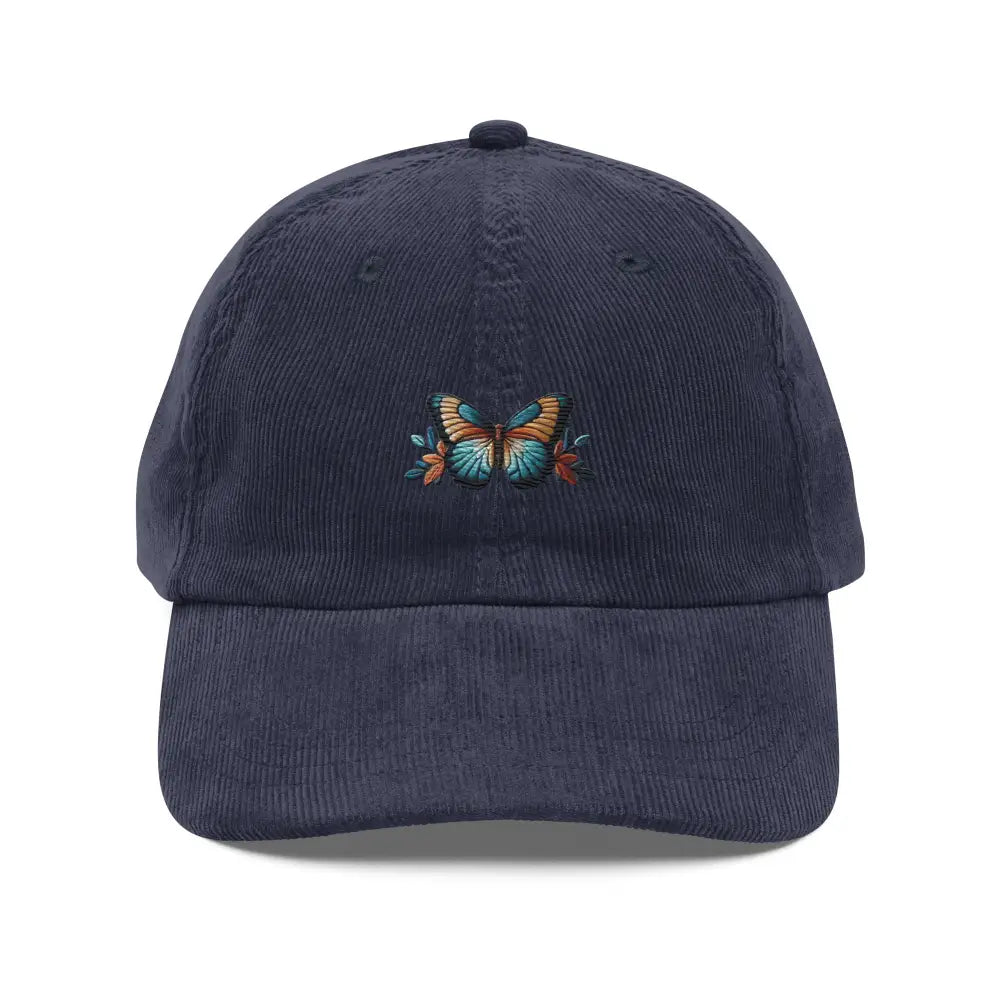 Butterfly embroidered vintage navy blue corduroy baseball cap