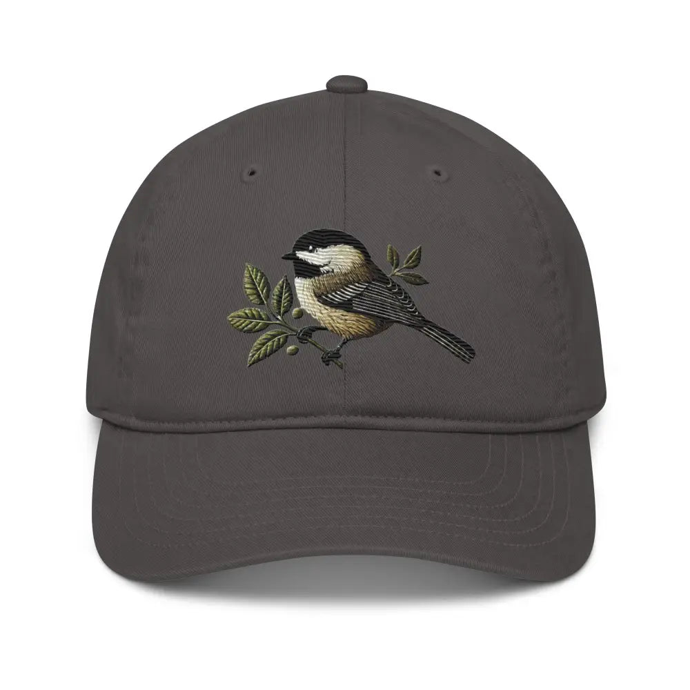 Dark grey organic cotton dad hat with beautiful chickadee embroidered design
