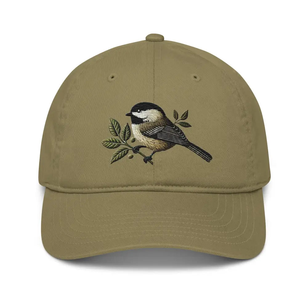 Beautiful chickadee embroidered organic cotton dad hat