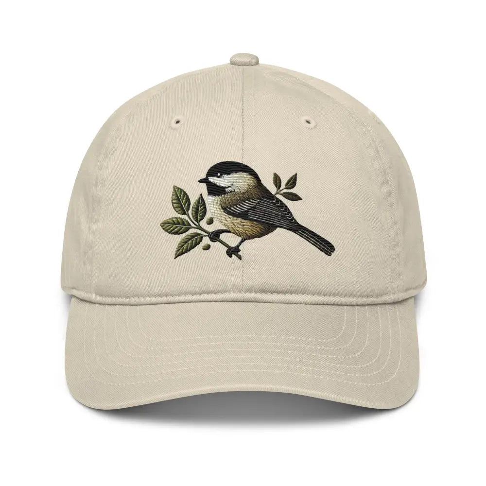 Beautiful chickadee embroidered organic cotton dad hat