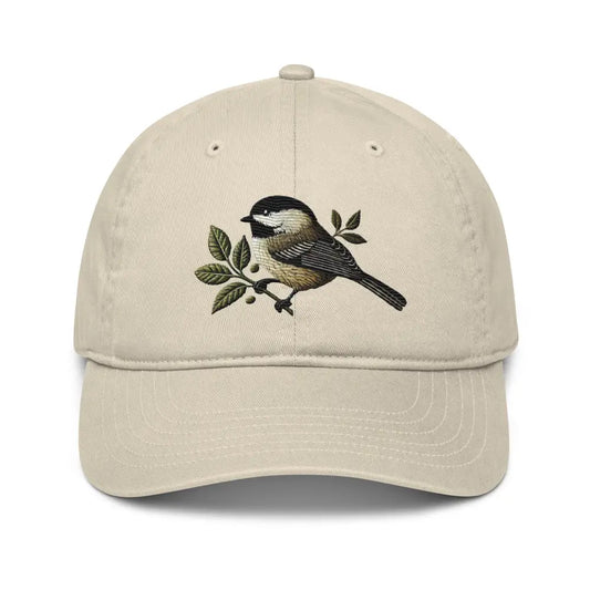 Beautiful Chickadee Embroidered Organic Cotton Dad Hat - Oyster / Adults / Unisex - Hats beige baseball cap chickadee