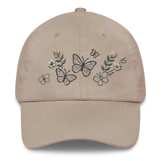 Beautiful Embroidered Butterfly & Flowers Dad Hat - Stylish and Fun Accessory - Stone / adult / unisex - hats beige