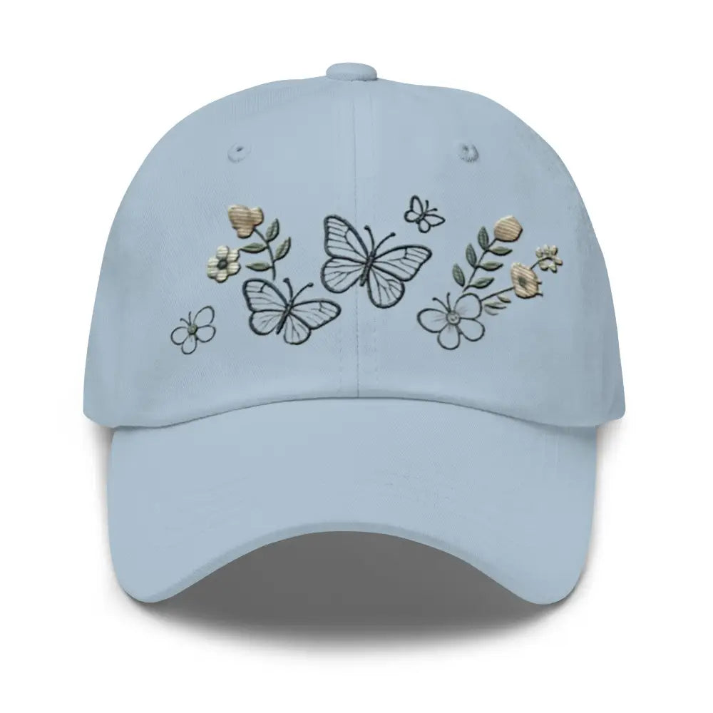 Light blue beautiful embroidered butterfly flowers dad hat with adjustable strap