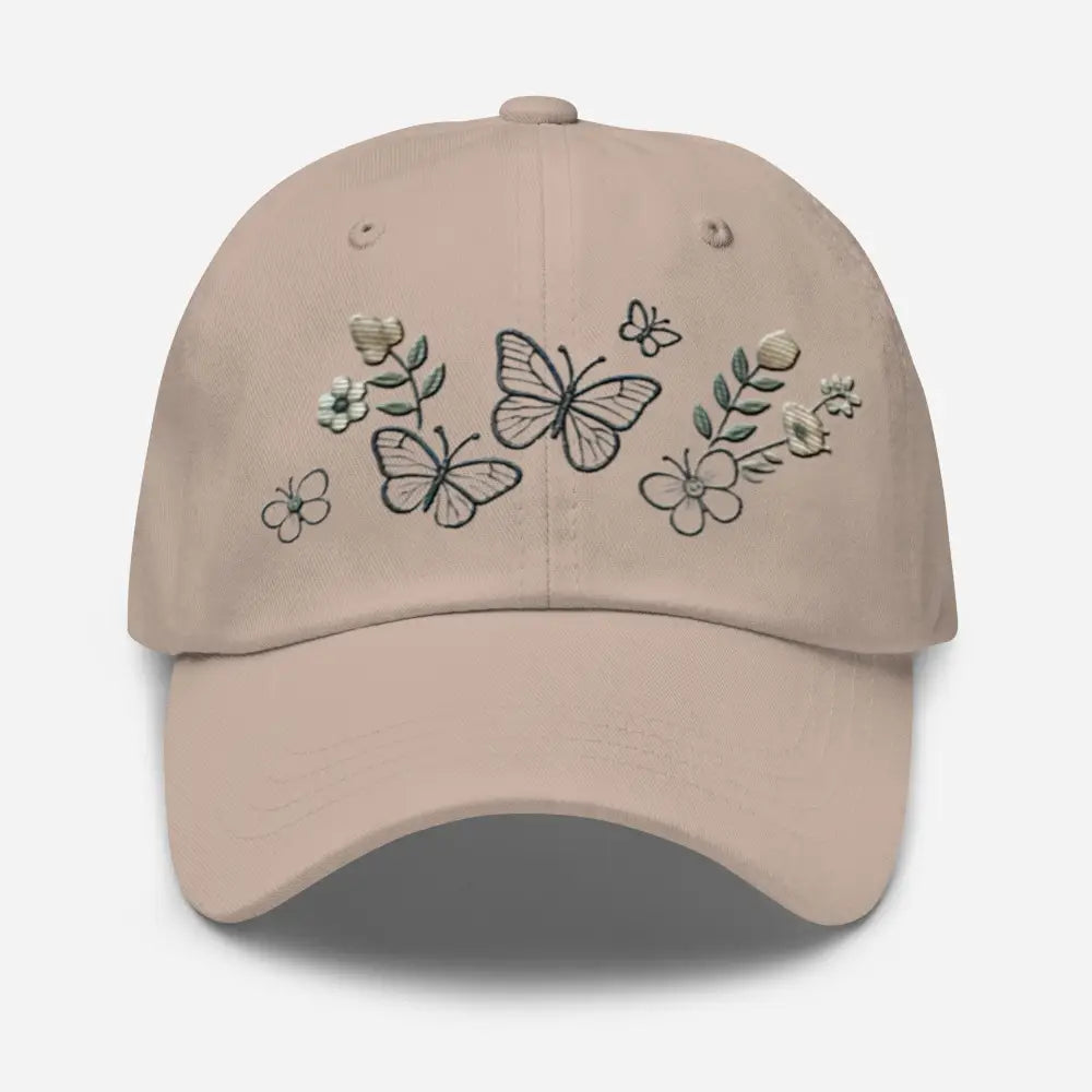 Beautiful embroidered butterfly flowers dad hat with adjustable strap