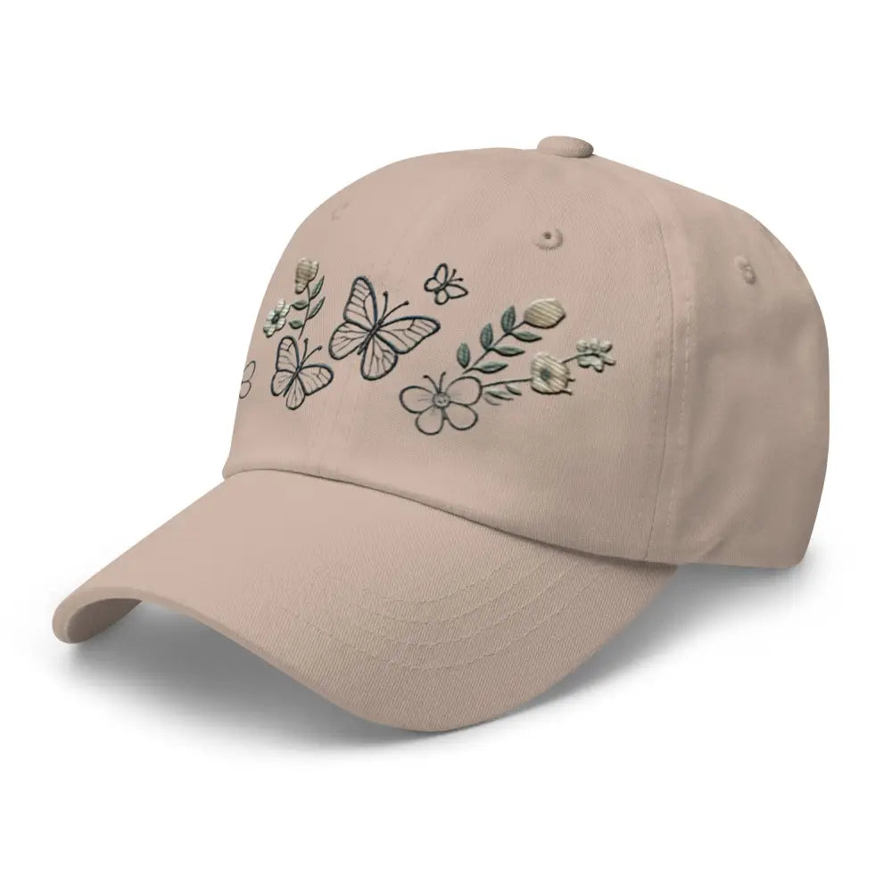Beautiful embroidered butterfly flowers dad hat in light tan