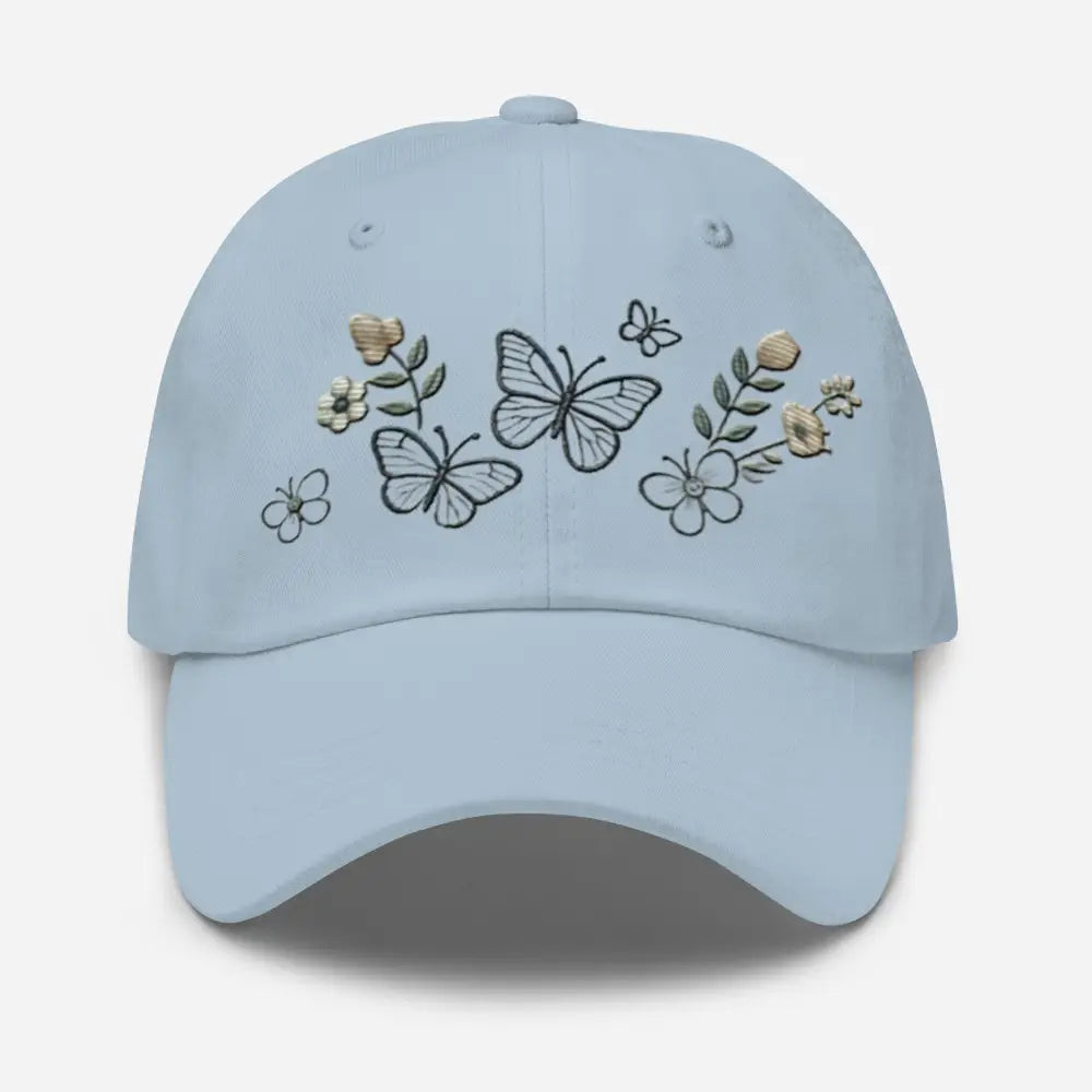 Light blue embroidered butterfly flowers dad hat with adjustable strap