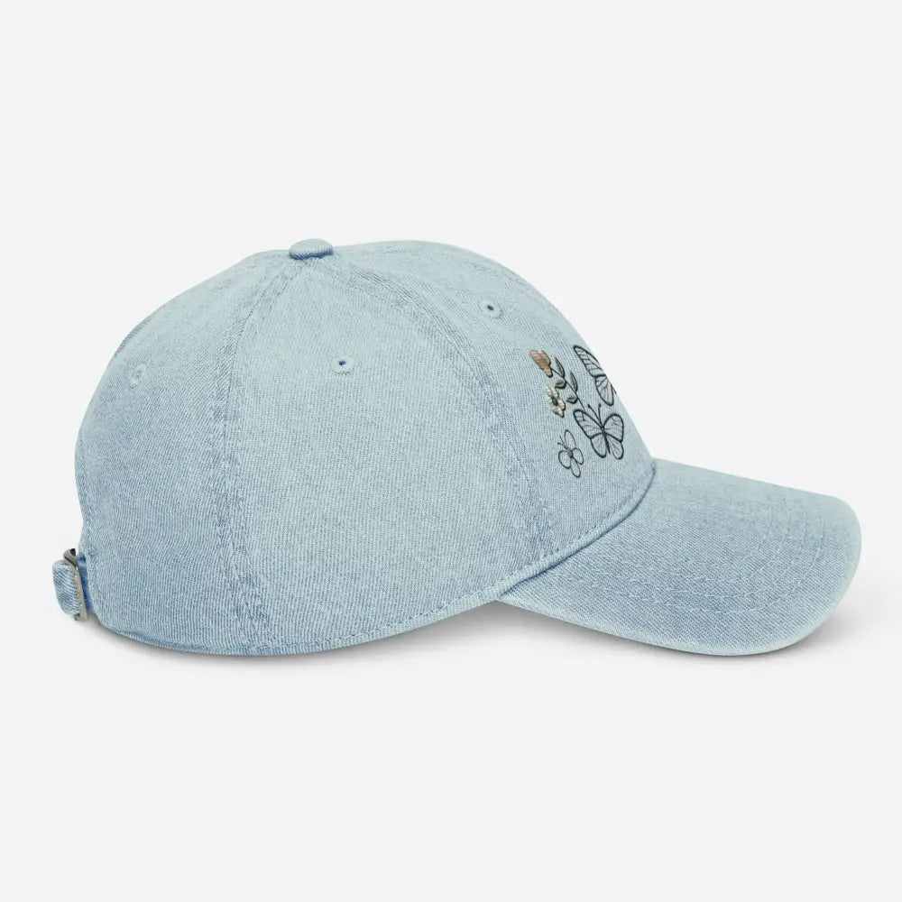 Beautiful embroidered floral butterfly denim cap for nature lovers
