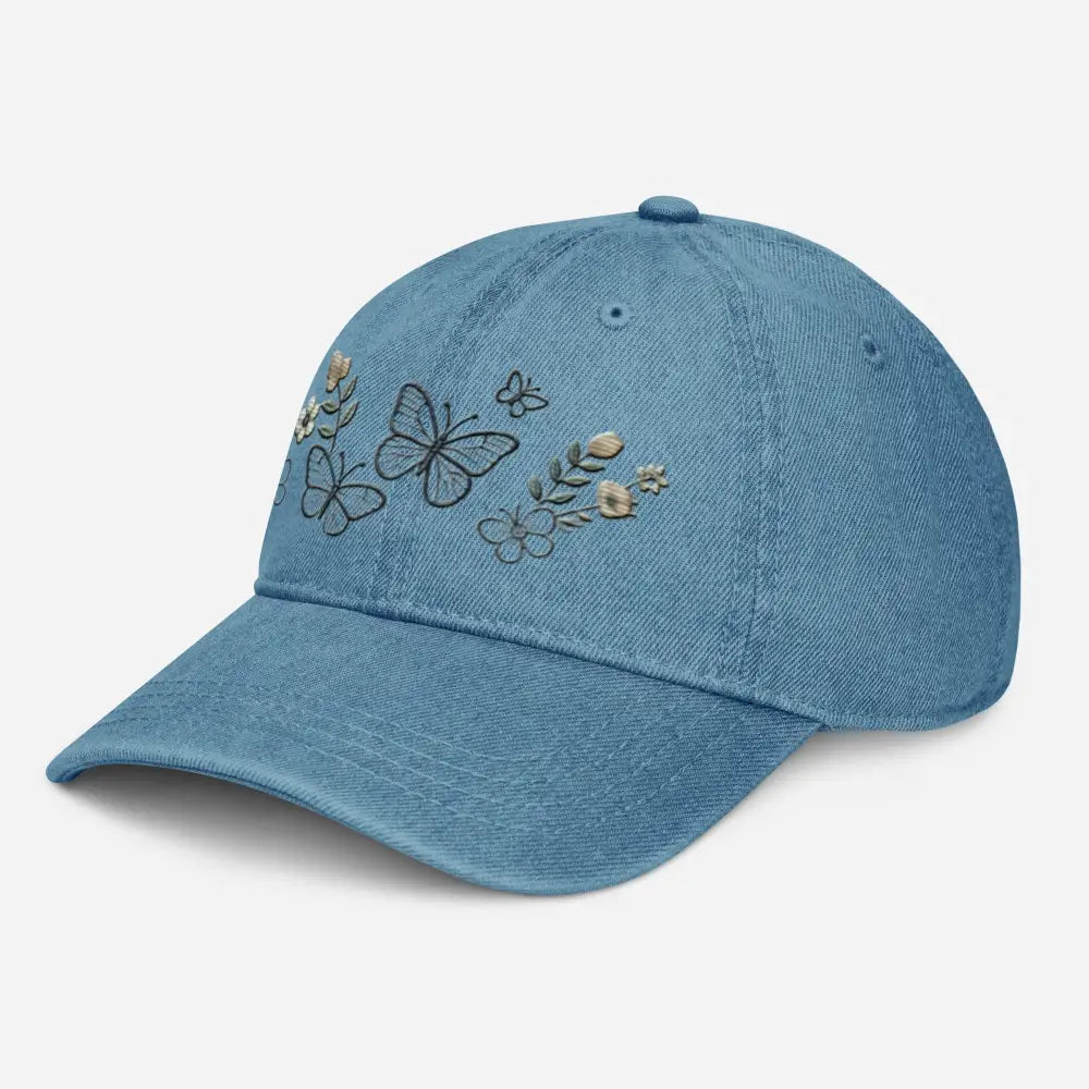 Beautiful embroidered floral butterfly denim cap for nature lovers